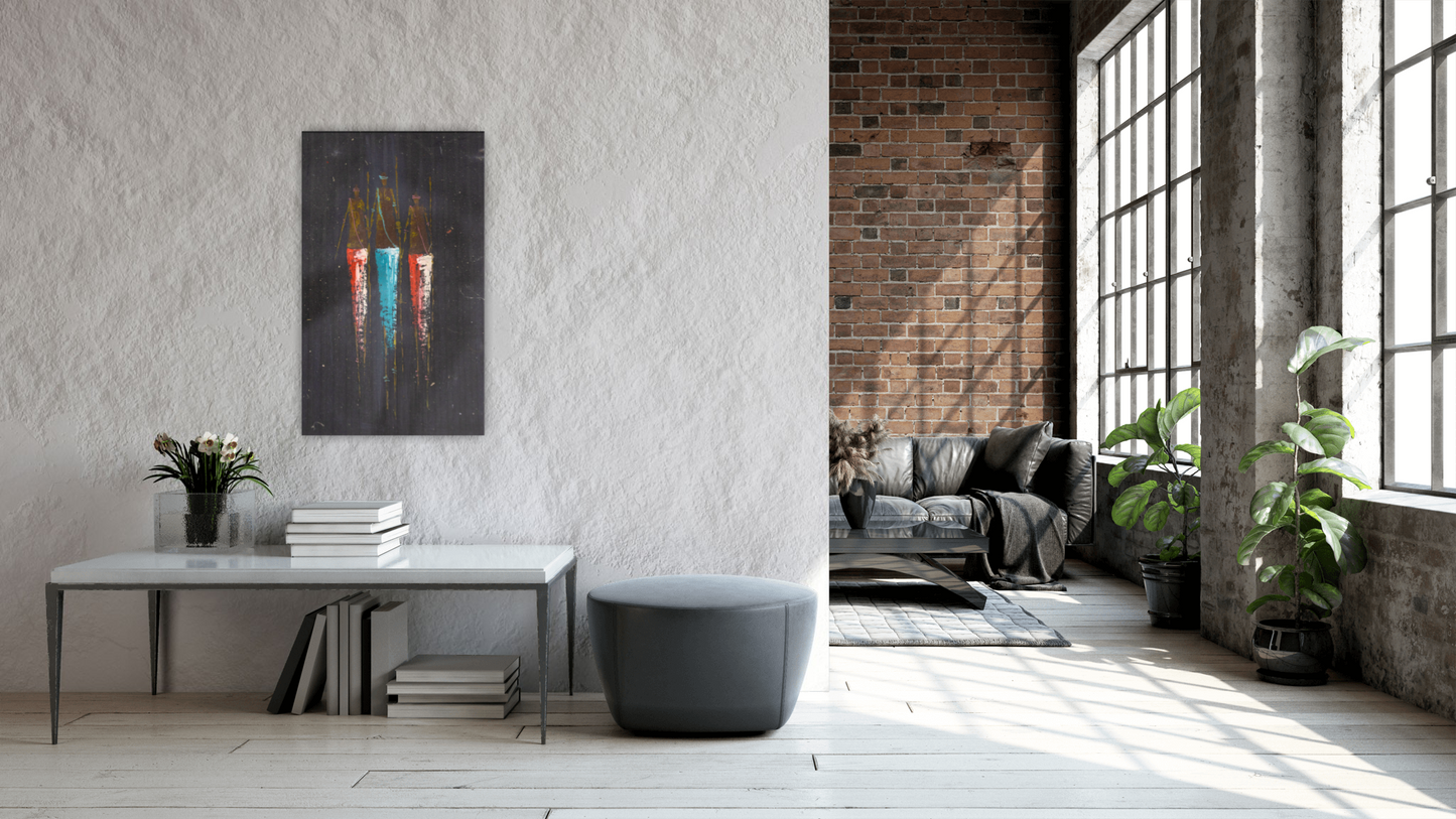 Modern living room with a gray sofa, coffee table, and decorative elements.