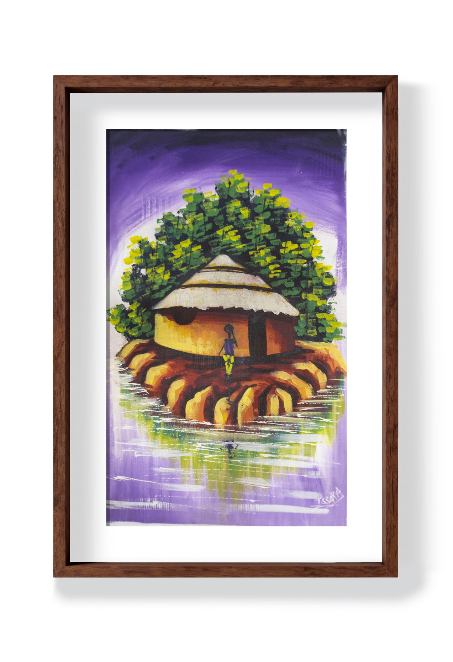 Framed painting of a hut and trees near a river on a purple background