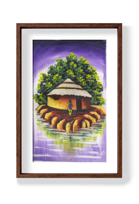 Framed painting of a hut and trees near a river on a purple background